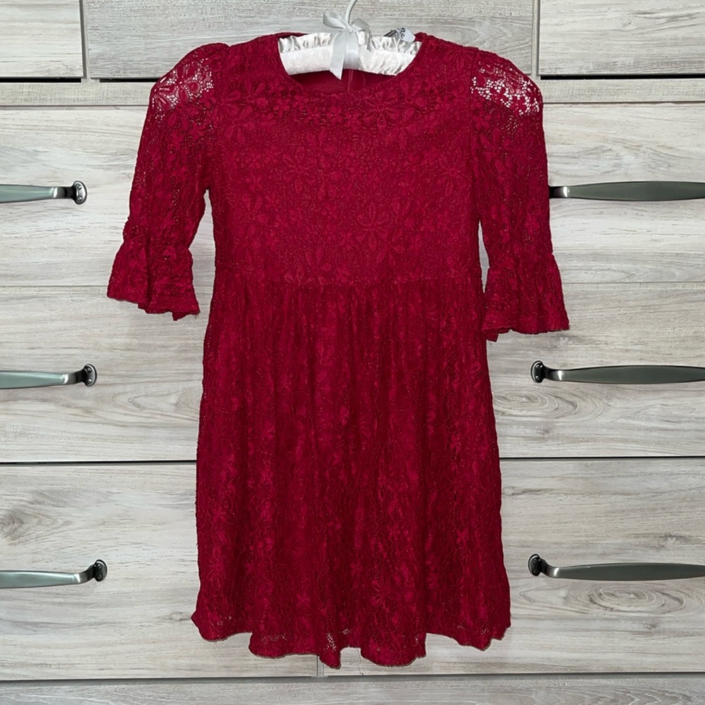 Red Lace 3/4 Ruffle Sleeves Little Girl A-line Dress